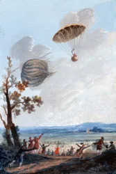 Eerste man die met een parachute afdaalde, 22 oktober 1797, in Parc Monceau, Parijs, ca. 1797