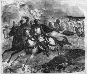 Vlucht van Keizer Hendrik IV (1050-1106) in Oppenheim achtervolgd door Paus Gregorius VII. Gravure in 