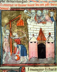 Belegering van het kasteel van Chinon, uit de Grandes Chroniques de France, 1375-79