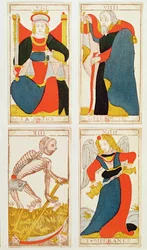 Vier tarotkaarten met afbeelding van Gerechtigheid, Gematigdheid, De Dood en De Kluizenaar (gekleurde houtsnede)