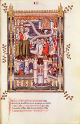 St. Denis predikt tot de Parijzenaars die hun heidense afgoden breken, uit Vie de St. Denis, 1317