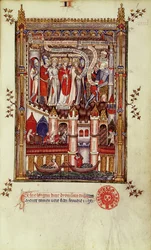 Het eerste verhoor van St. Denis en zijn metgezellen door Sisinnius, uit Vie de St. Denis, 1317