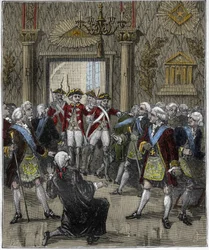 Vrijmetselarij in het Hôtel de Soissons in Parijs in juni 1745: vrijmetselaarsceremonie onderbroken door de komst van een politiecommissaris. Gravure in “Paris à travers les siècles”, Gourdon de Kenouillac, 1880.