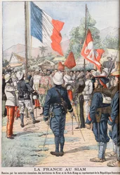 Frankrijk neemt de gebieden van Krat en Koh-Kong, Siam over na het Verdrag van 1904 tussen de Siamezen en de Fransen, illustratie uit 