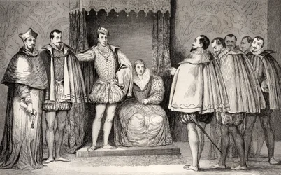 Francois II (1544-60) vertelt de parlementaire afgevaardigden dat de Hertog van Guise en de Kardinaal de Staat zullen besturen, uit 