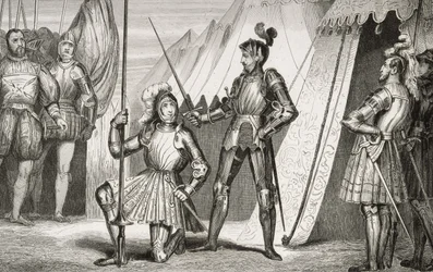 François I (1494-1547) geridderd door kapitein Bayard na de Slag bij Marignano, uit 