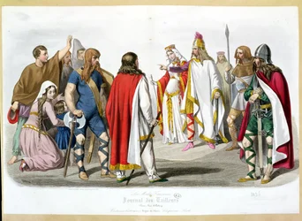 Frankische en Merovingische kostuums, historische modeplaat uit Les Modes Francaises - Journal des Tailleurs, 1836