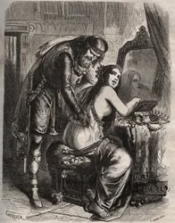 Fredegonde (545-597) neemt haar man, koning van de Franken Chilperic I (543-597), voor haar minnaar, Landeric. De koning ontdekt dat zijn vrouw hem bedriegt. Gravure uit 1871 in 