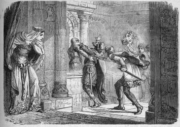 Fredegonde (ca. 545-597), koningin van Neustrië, liet Chilperic I (539-584) in 584 vermoorden. Gravure in „De geschiedenis van prostitutie en losbandigheid onder alle volkeren van de wereld van de oudheid tot heden“ door dr. Th.-F. Debray. 1879.