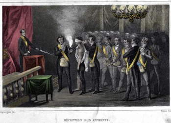 Vrijmetselarij: inwijding en ontvangst van een leerling. Gravure uit „Pittoreske geschiedenis van de vrijmetselarij en van oude en moderne geheime genootschappen“ van F.-T. B. Clavel. Pagnerre, uitgever. 1843.