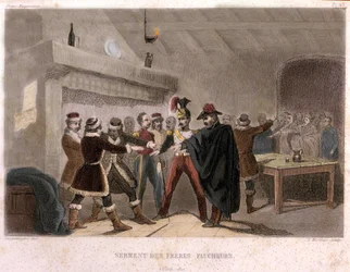Vrijmetselarij: de eed van de broeders maaiers in Potok in 1821. Gravure uit 