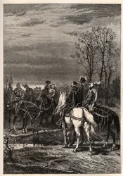Franse Religieuze Oorlogen - oktober 1569 Oorlog van Religie - De gesprekken voorafgaand aan de Slag bij Moncontour (Henri, hertog van Anjou toekomstige Hendrik III en Gaspard II van Coligny - De Slag bij Moncontour (oktober 1569) - gravure uit 