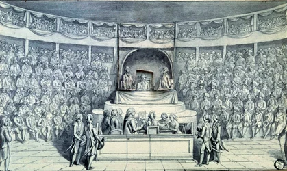 Franse Revolutie: koning Lodewijk XVI (1754-1793), aan het roer, wordt door Antoine Barnave (1761-1793) ondervraagd tijdens zijn proces voor de Nationale Conventie, die op 21/01/1793 over zijn doodvonnis zal beslissen. Anonieme tekening omstreeks 1793.
