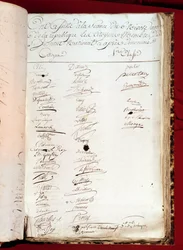 Franse Revolutie: blad van een aanwezigheidsregister van 26/12/1797 (6 nivose jaar VI) met handtekeningen van personen die een Nationaal Instituut bijwoonden