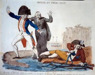 Franse Revolutie: het ontwaken van de Derde Stand. Spotprent over de drie standen. Hij bevrijdde zich van zijn ketenen onder de angstige ogen van het leger en de geestelijken. Franse prent uit 1789. Parijs, B.N.