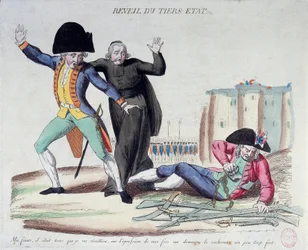 Franse Revolutie: het ontwaken van de Derde Stand. Spotprent op de drie standen. Onder de verschrikte ogen van het leger en de geestelijken bevrijdde hij zich van zijn ketenen. Franse prent uit 1789. Parijs, Nationale Bibliotheek.