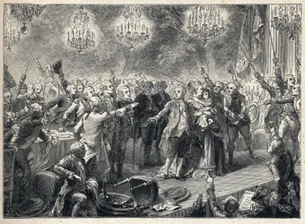 Franse Revolutie: de royalisten zweren trouw aan de monarchie in aanwezigheid van koning Lodewijk XVI (1754-1793), koningin Marie Antoinette (1755-1793) en de dauphin tijdens het banket van de lijfwachten georganiseerd op 1 oktober 1789 in de Orangerie van