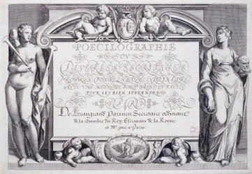 Franse calligrafie: Poecilografie, frontispice, door Baptiste de Beaugrand in 1606