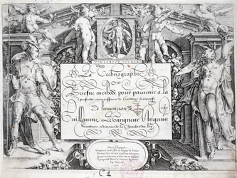 Franse calligrafie: Technografie, frontispice door Guillaume Le Gangneur rond 1599. Historische bibliotheek van de stad Parijs