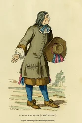 Franse boerendracht in de 18e eeuw. Kleurengravure naar een prent van de Nationale Bibliotheek, in ‘France et les Français à travers les siècles’ van Augustin Challamel, uitgegeven door F. Roy, Parijs 1882. Collectie Selva.