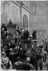 Franse presidentsverkiezingen, 30 januari 1879: na het aftreden van Mac Mahon, stemden parlementariërs om een nieuwe president van de Republiek te kiezen. De gravure toont Jules Armand Dufaure (1798-1881) die zijn stem uitbrengt.