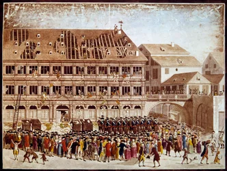 Franse revolutie: plundering van het stadhuis van Straatsburg op 20/07/1789. Anonieme prent. Parijs, B.N.