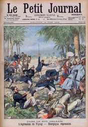 Franse soldaten die Marokkaanse bandieten aanvallen die hun belangen bedreigen in de Sud Oranais, Algerije, bij de oase van Figuig, Marokko - periode van het Franse protectoraat L