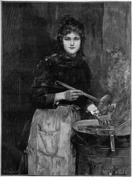 Frietverkoper; gravure uit 1888 naar het schilderij van Achilles Foald.