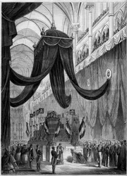 Begrafenis van Esprit Victor Elisabeth Boniface de Castellane (1788-1862), Franse maarschalk: Catafalque van de overledene tijdens de religieuze ceremonie in de kathedraal van Lyon, Rhone