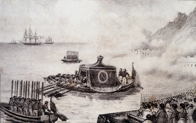 Begrafenis van Napoleon I: vertrek van Sint-Helena - tekening door Levilly, in "Historisch schilderij van de begrafenis van Napoleon" door M. St Maurice, ca. 1851