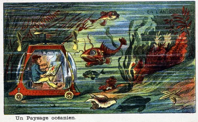 Toekomstige dagen: Een Negentiende Eeuwse Visie op het Jaar 2000 - Serie "In het Jaar 2000": Een Oceaanlandschap (een schilder die het landschap onder de zee schildert in een klein onderwatervoertuig). Chromolithografie door Villemard