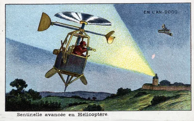 Futuredays: Een negentiende-eeuwse visie op het jaar 2000 - Serie "In het jaar 2000": Helikopter vooruitgeschoven post - Chromolithografie door Villemard