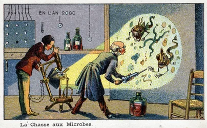 Futuredays: Een negentiende-eeuwse visie op het jaar 2000 Serie: De jacht op microben (2 wetenschappers verwijderen vergrote microben met een machine). Chromolithografie door Villemard
