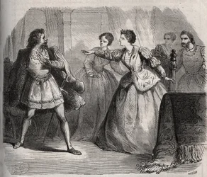 Gabrielle de Vergy betwist haar verloofde, Eudes de Fayel, die jaloers is op de vriendschap die ze heeft met haar neef, Albert de Nozereau. Scène van een 12e-eeuwse legende. Gravure uit 1871 in 