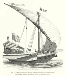 Pauselijke galei met zeilen en roeispanen, voorzien van zware stukken, getekend door Breugel de Oude en gegraveerd door F Huys, 16e eeuw