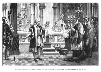 Galileo (1564-1642) trekt zijn theorie over de beweging van de aarde in voor de rechters van het Heilige Officie