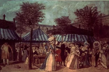 Tuinwandeling in het Palais Royal, Parijs, c.1810 (kleur litho)