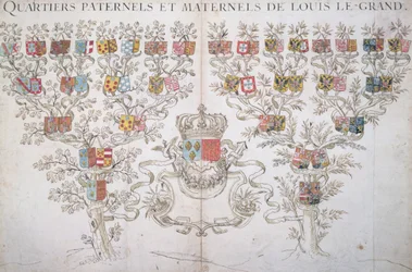 De genealogie van Lodewijk XIV die zijn recht op de kroon van Frankrijk toont