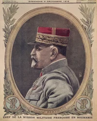 Generaal Berthelot, hoofd van de Franse militaire missie in Roemenië, voorpagina illustratie uit Le Petit Journal, supplement illustre, 3 december 1916