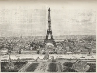 Algemeen overzicht van de Wereldtentoonstelling in Parijs in 1889 met de Eiffeltoren vanaf Trocadero, gravure - Algemeen overzicht van de Wereldtentoonstelling in Parijs in 1889 met de Eiffeltoren, gravure in Le Monde Illustré van 1889