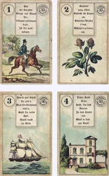 Duitse uitgave van het Franse Lenormand-waarzegkaartspel: De Ruiter, De Klaver, Het Schip, Het Huis, uitgegeven door Dondorf, Frankfurt, 19e eeuw