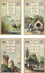 Duitse editie van het Franse Lenormand-kaartwaarzegspel: De ooievaar, De hond, De toren, De tuin, uitgegeven door Dondorf, Frankfurt, 19e eeuw