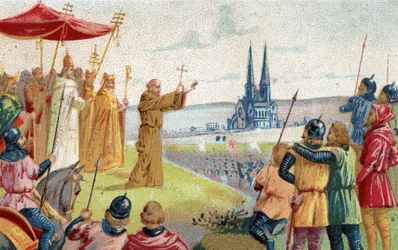 God wil het! Peter de Kluizenaar predikt de Kruistocht (1095 - 1099) Chromolithografie van het einde van de 19e eeuw.
