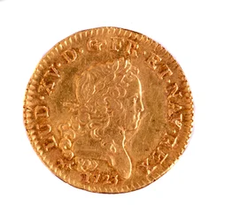 Gouden Franse Louis, regeerperiode van koning Lodewijk XV (1715-1774) 1723 Diam. 2,3 cm Napels, archeologisch museum