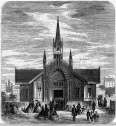 Gotische architectuur: uitzicht op de gevel van de kerk van Sainte Marie des Champs, Parijs