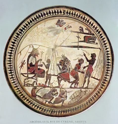 Griekse beker die Arcesilas II, koning van Cyrene (ca. 560-550 v.Chr.) toont die het wegen en laden van silphium bekijkt, kopie van een origineel uit de 6e eeuw v.Chr.