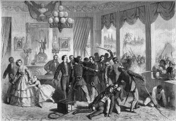 Spaans-Zuid-Amerikaanse oorlog - Lima (Peru) - 5 februari 1865: de gewonde Spanjaarden, achtervolgd door de bevolking van de stad, zoeken toevlucht in de Franse legatie