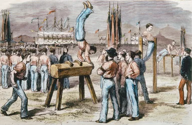 Turnwedstrijd, 1876 (kleurgravure)