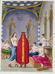Hammam in Turkije, geïllustreerde plaat uit Moeurs, usages et costumes des ottomans door A. Castellan, Parijs, ca. 1810