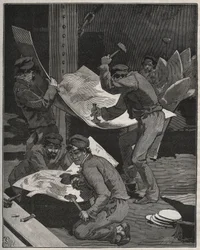Hameren en assembleren van stukken van het Vrijheidsbeeld gemaakt door Frédéric Auguste Bartholdi (1834-1905). Gravure uit 1880 in 